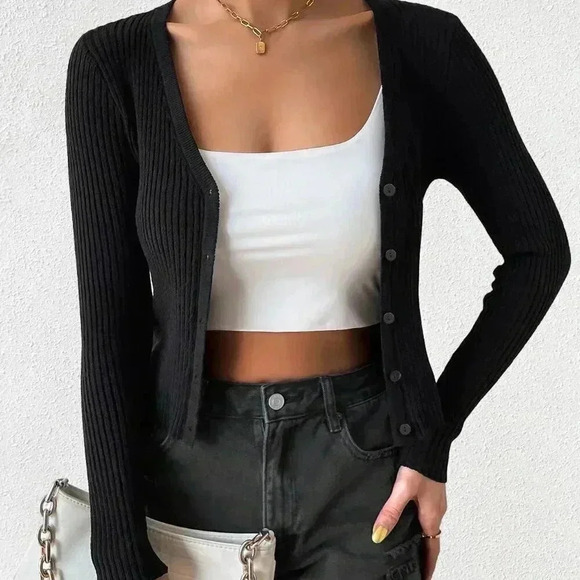 Black Casual Women's Ribbed Knit Button Front Cardigan - Picture 6 of 7